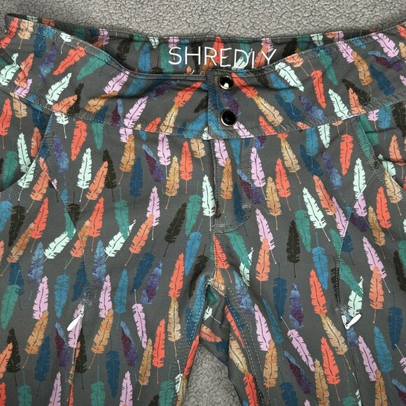 Shredly Shorts Womens 4 Gray Feather Print Mountain Bike Cycling Trail Pockets - Picture 3 of 12